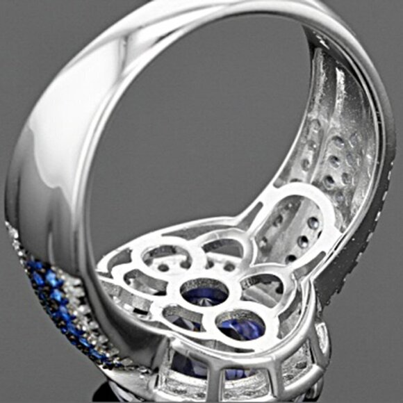 🔥 Royal Blue Oval Zircon Multi Row Elegant Silver Trendy Rings for Women, PD550 - Picture 4 of 7